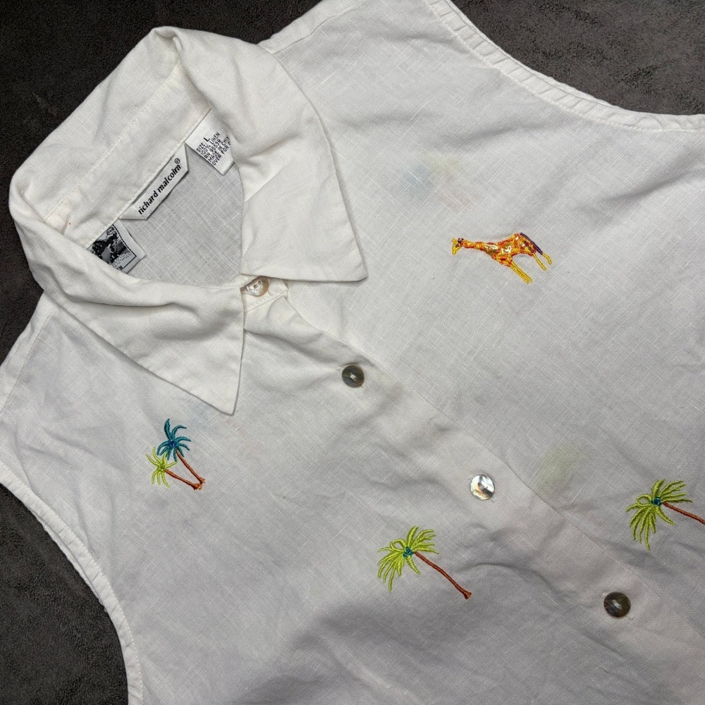 Richard Malcolm Top Womens Sz L White Irish Linen Sleeveless Embroidered Giraffe